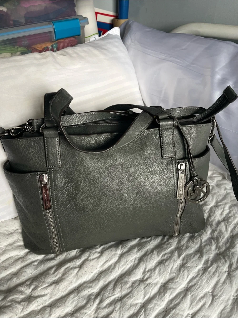 Michael Kors Pebbled Leather Shoulder Tote in Dark Gray